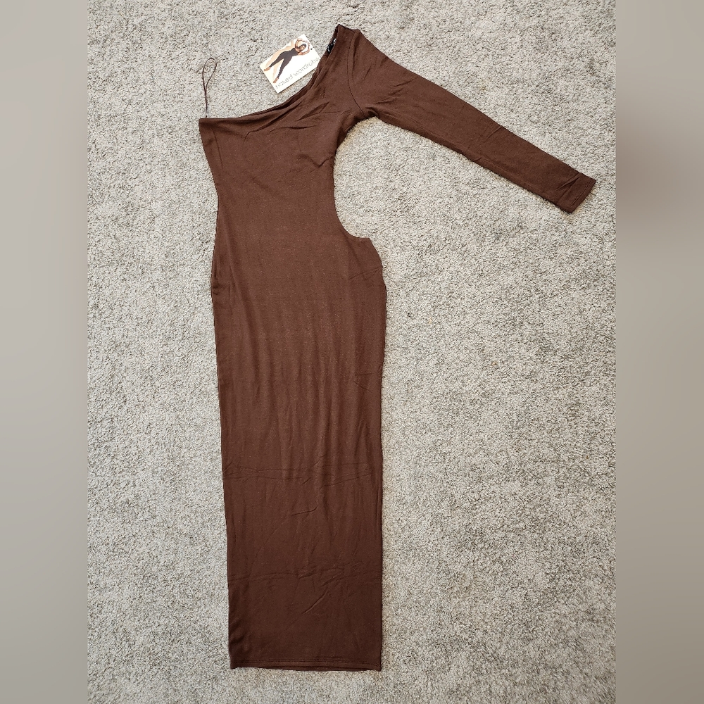 naked wardrobe Longsleeve One Shoulder Cut Out Dress- Chocolate (l)